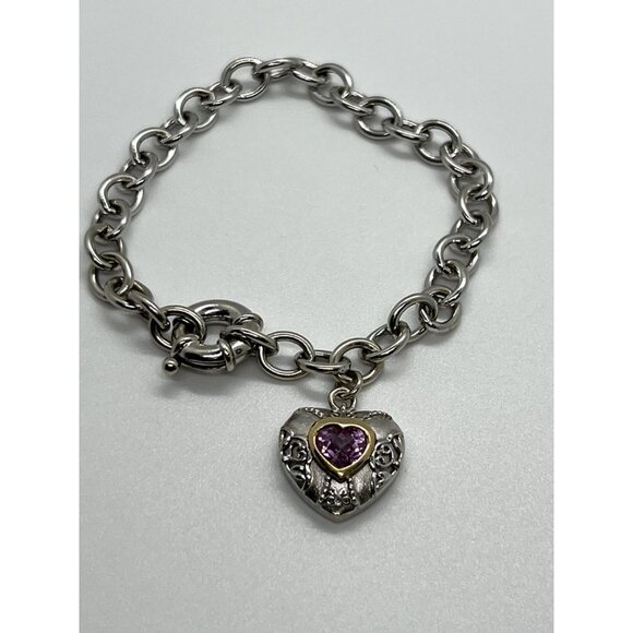 925 STERLING SILVER  PINK TOPAZ HEART BRACELET - Picture 3 of 7